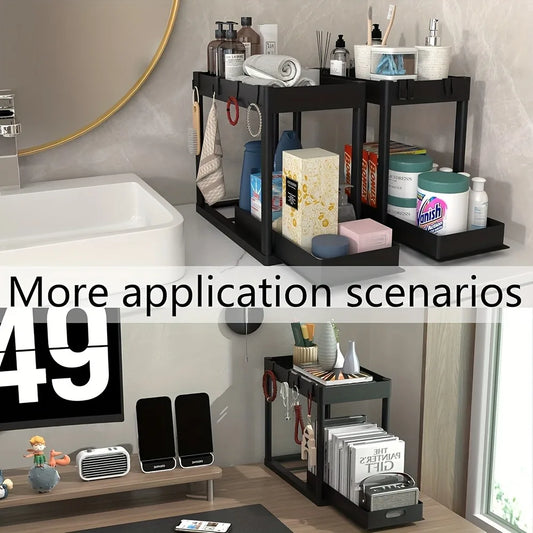2-Tier Sliding Under Sink Organizer Multifunctional Space-Saving Bathroom Cabinet Storage Drawer