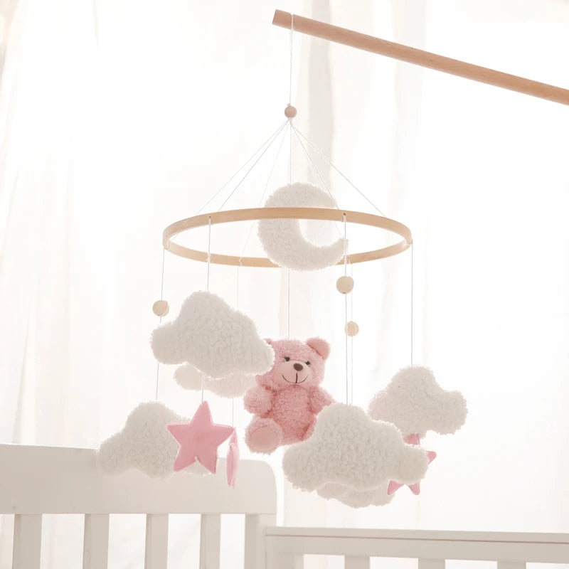 Baby Crib Mobile Rattle Toy 0-12Months Infant Soft Felt mobile Teddy Velvet Bear Bed Bell Hanging Toy Holder Bracket Crib Toy
