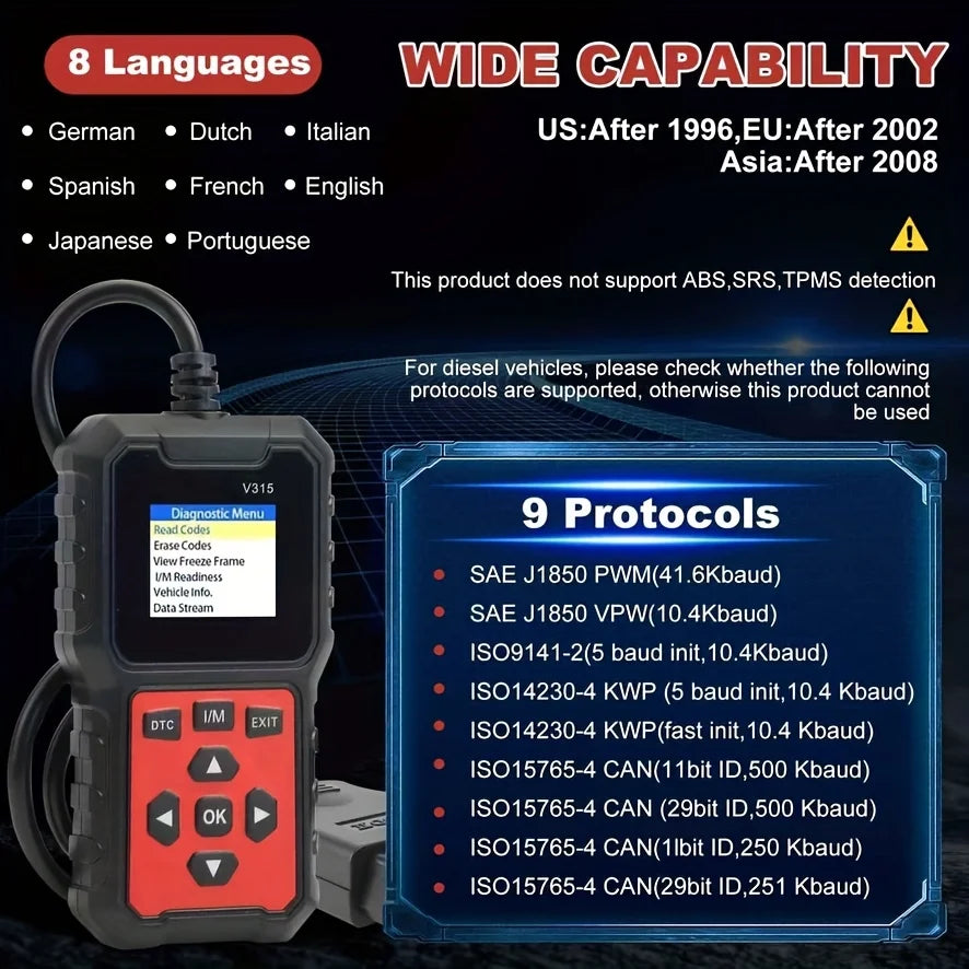 Car Diagnostic Scanner [V315] - 10-Second Fault Code Reader, Suitable for 99% of Vehicles (Obd2/Eobd Compatible), Suitable for DIY and Professional Mechanics.