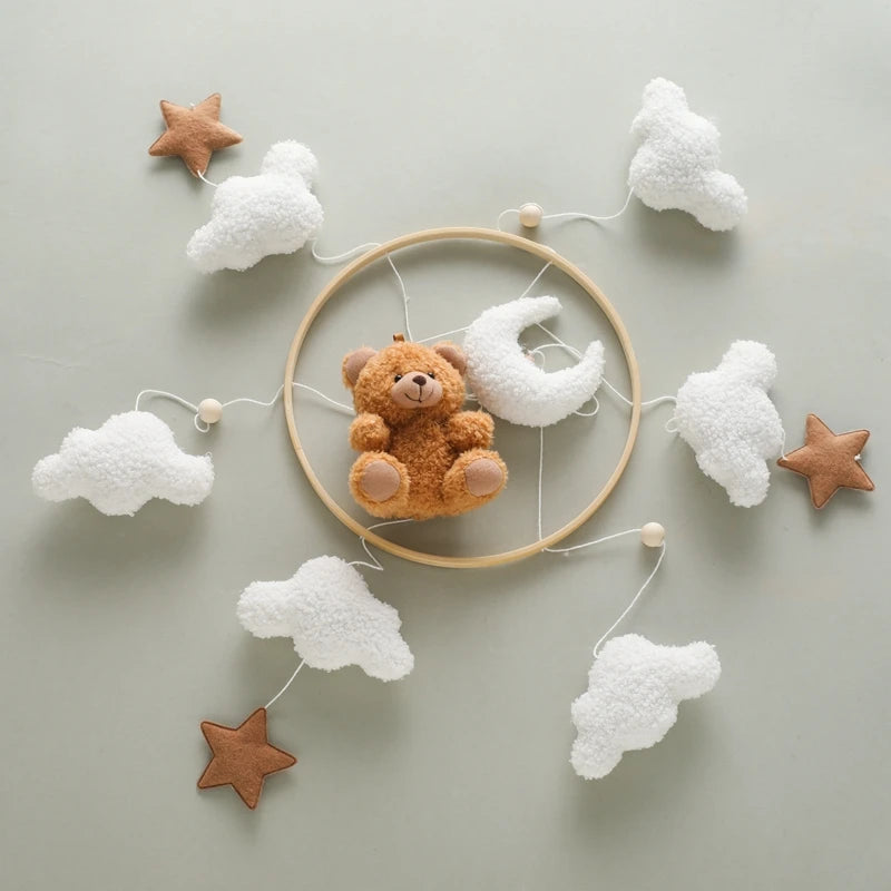 Baby Crib Mobile Rattle Toy 0-12Months Infant Soft Felt mobile Teddy Velvet Bear Bed Bell Hanging Toy Holder Bracket Crib Toy