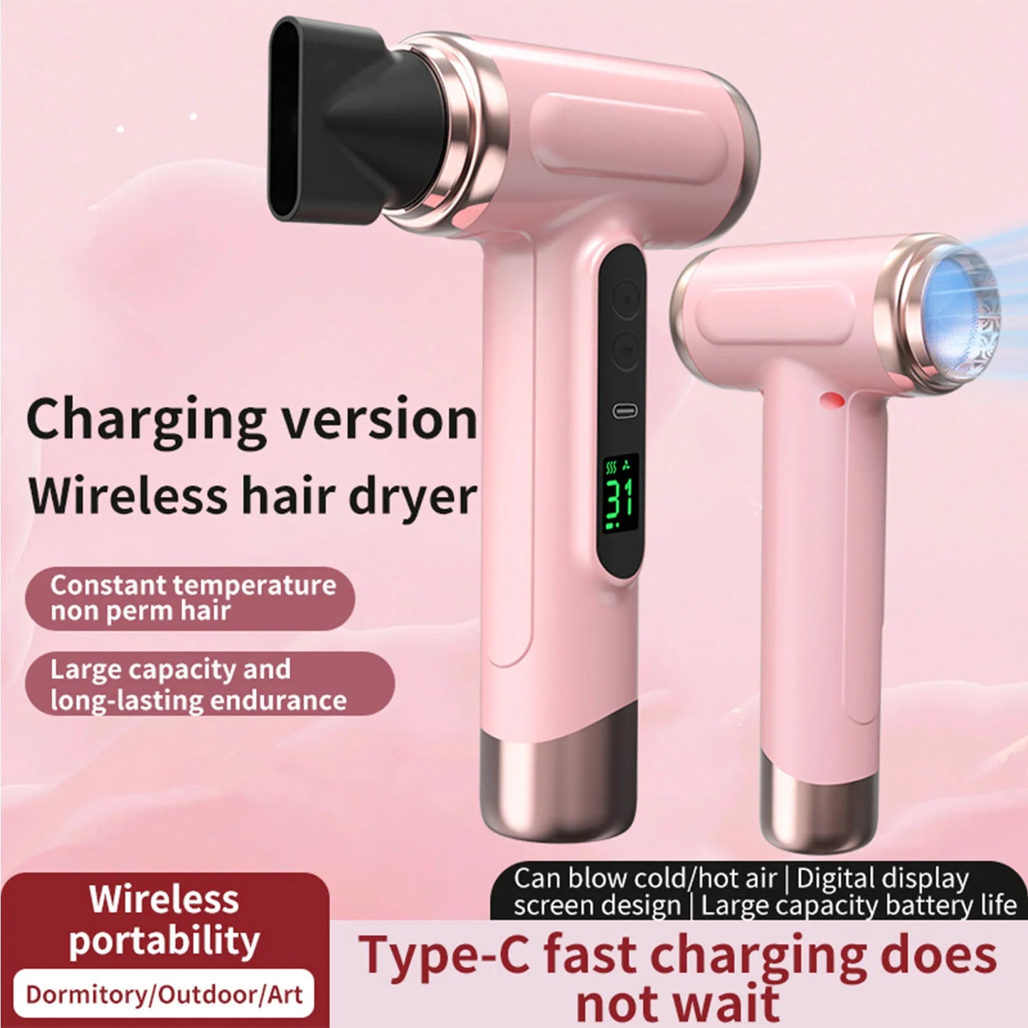 Portable Hair Dryer USB Charging Ergonomic Grip Hot and Cold Air Hair Dryer 200W Fast Drying Lightweight with Nozzle for Travel