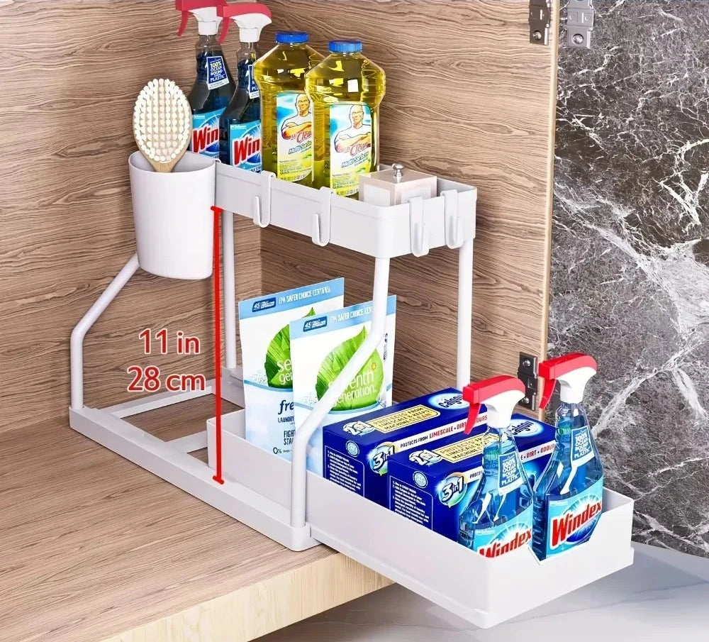 2 Tier Slide Out Under Sink Organizer with Hooks Large Capacity Space Saving Storage Rack for Kitchen Bathroom Cabinet Durable