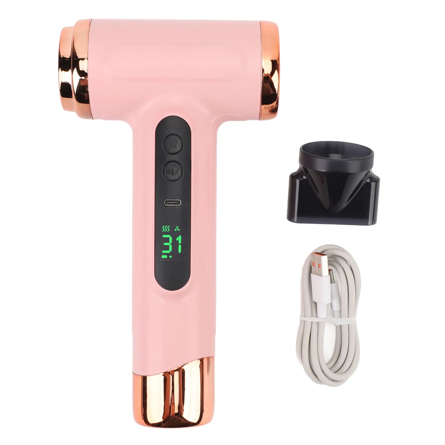 Portable Hair Dryer USB Charging Ergonomic Grip Hot and Cold Air Hair Dryer 200W Fast Drying Lightweight with Nozzle for Travel