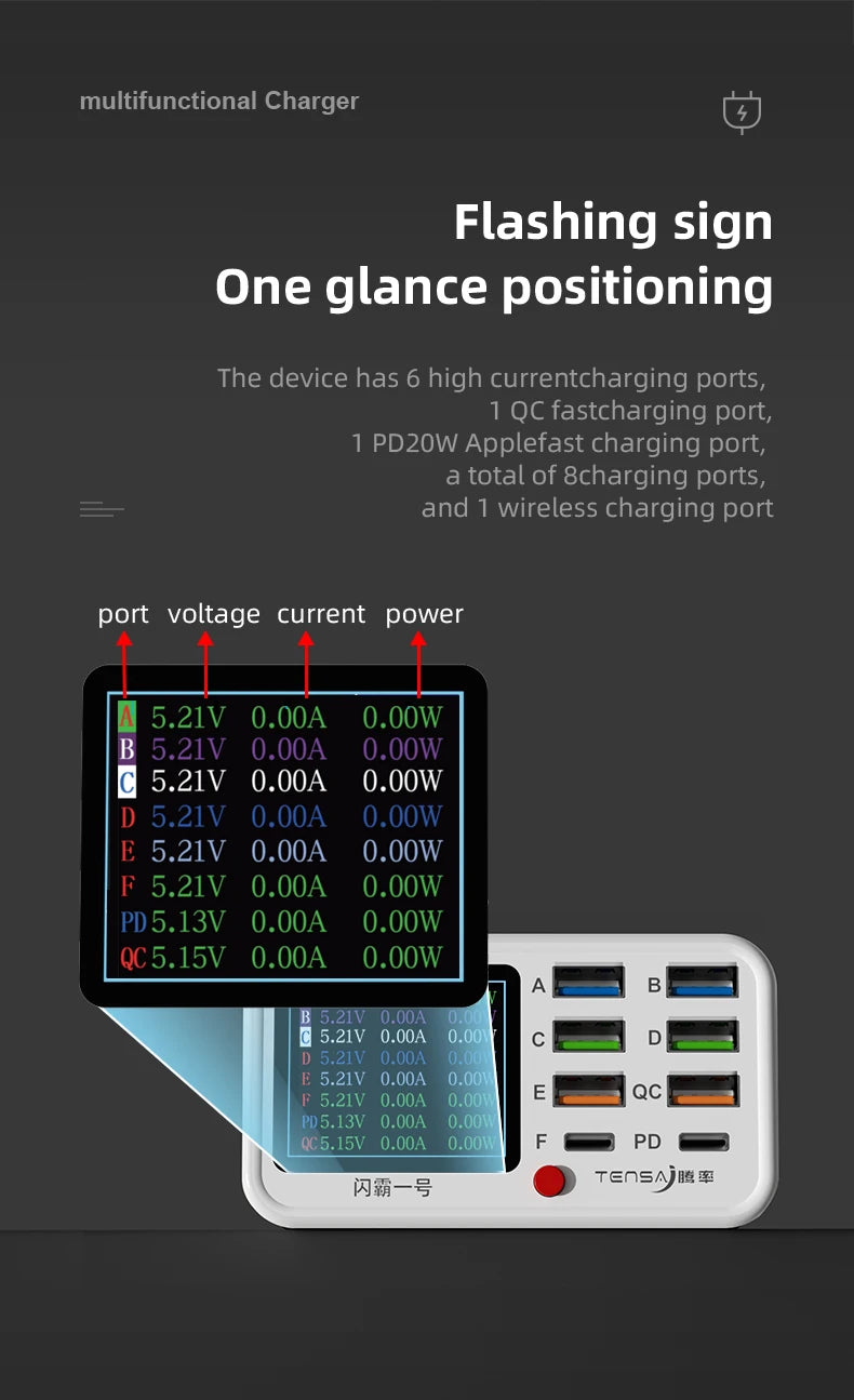 Multi Functional 8-port USB Wireless Fast Charging Station Visual Current Detection Charger For Mobile Phone iPad Flash Charging