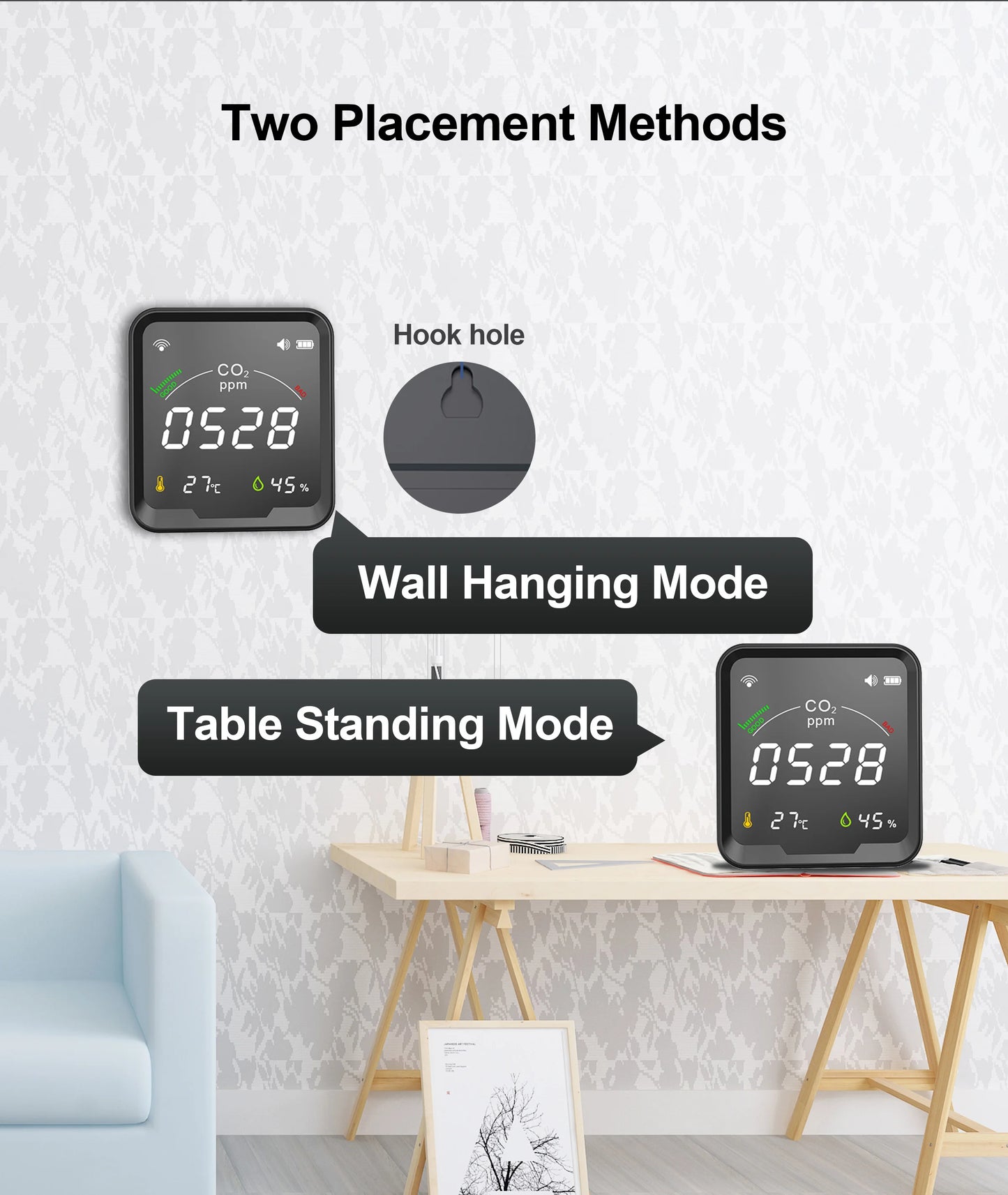 GIRIER Tuya Smart WiFi CO2 Sensor Smart Carbon Dioxide Meter Temperature Humidity Detector Monitor with LCD Screen 3 in 1 Meter