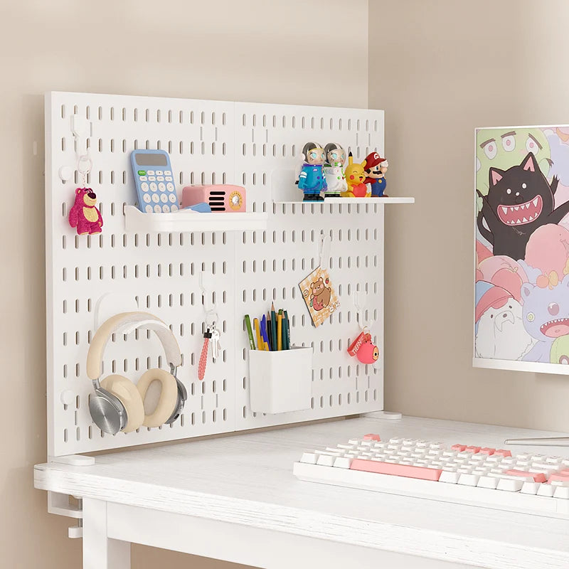 Desktop pegboard storage kit: Stand-up clip - on panels, perfect for home office and study storage.