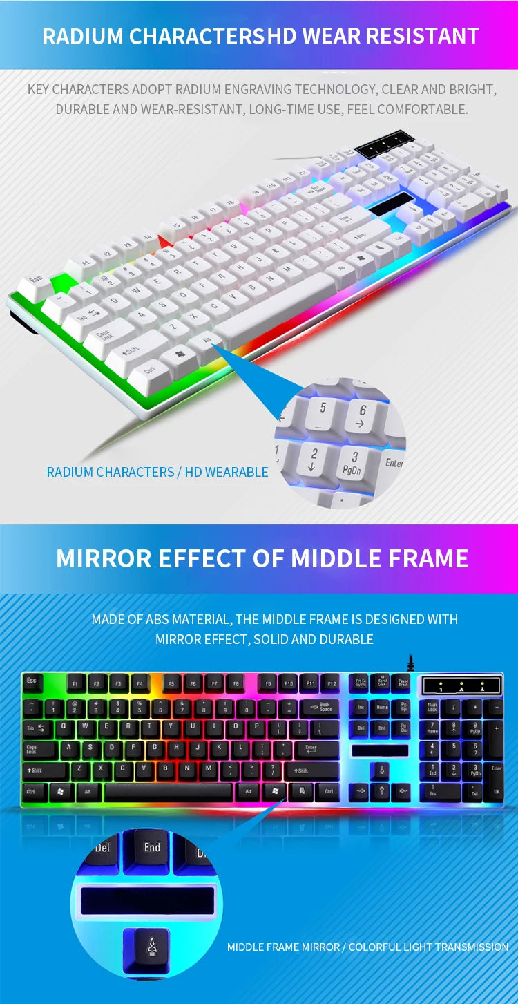Игровой комплект: клавиатура и мышь с RGB-подсветкой, 104 клавиши, проводная клавиатура и мышь для ноутбука, настольного ПК, планшета.