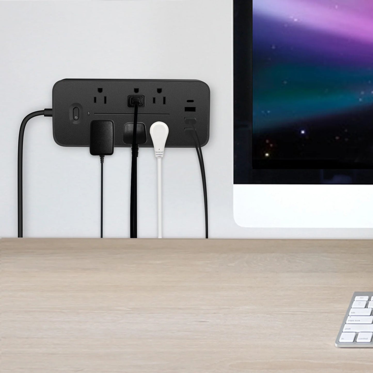 US Power Strip 6 AC Outlets 10A 110v 220v 3 USB Ports Sockets 1 TYPE-C Smart Patch Panel 2000w Black Power Surge Protection Plug