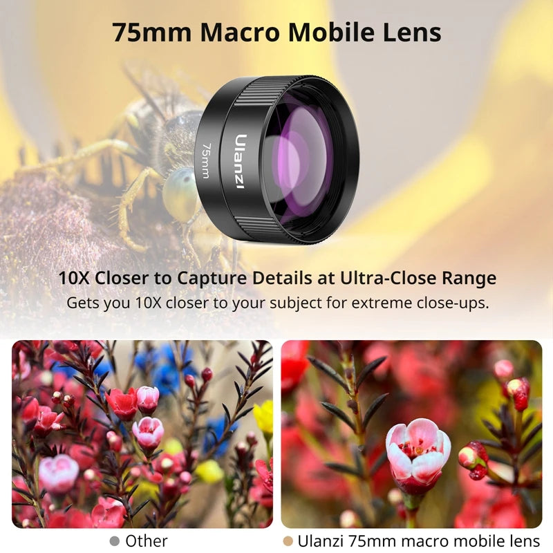 Ulanzi Universal Mobile Lens 75mm Macro/8mm Fisheye/16mm Wide-Angle/60mm Telephoto Phone Lens for Photography Videography