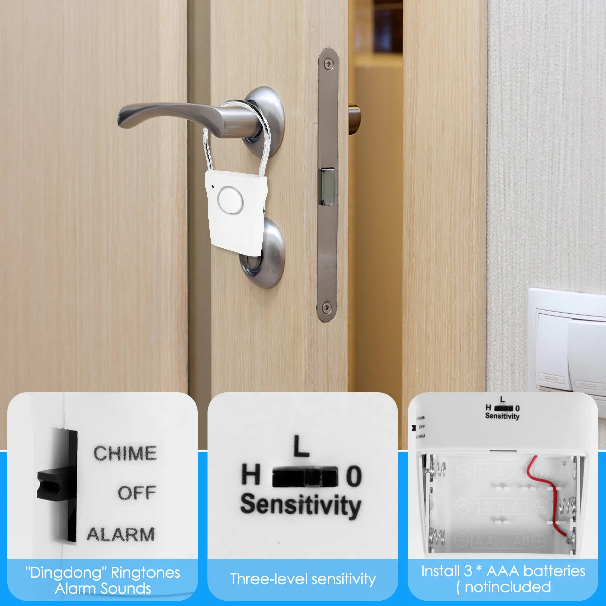 Door Handle Alarm 110dB Door Security Alarm with Adjustable Settings Alarm Equipment Battery Operated for Travel Hotel Security
