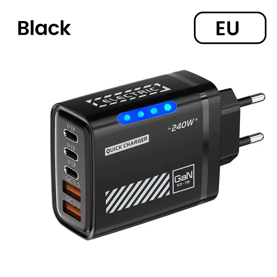 5 IN 1 GaN Desktop Charger For IPhone17 16Pro Laptop Samsung 240W Fast Charging Adapter USB C To Type-C Cable 3PD 2USB Charger