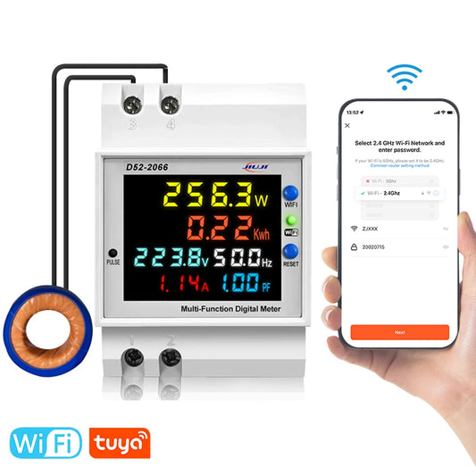 Tuya WiFi Smart Energy Meter DIN-Rail Voltage Current Monitor Power Factor Frequency Metering Digital Display Electricity Meter