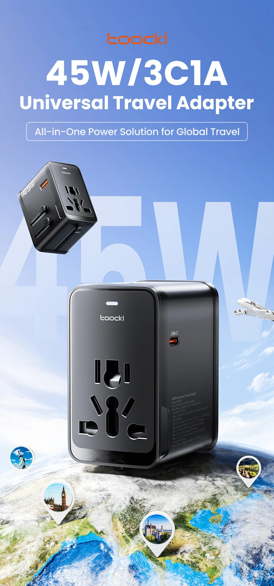 Toocki GaN Universal Travel Adapter With 3C1A 45W Fast Charging 2500W Max All-in-one Travel Charger EU/UK/USA/AUS Plug For Trave