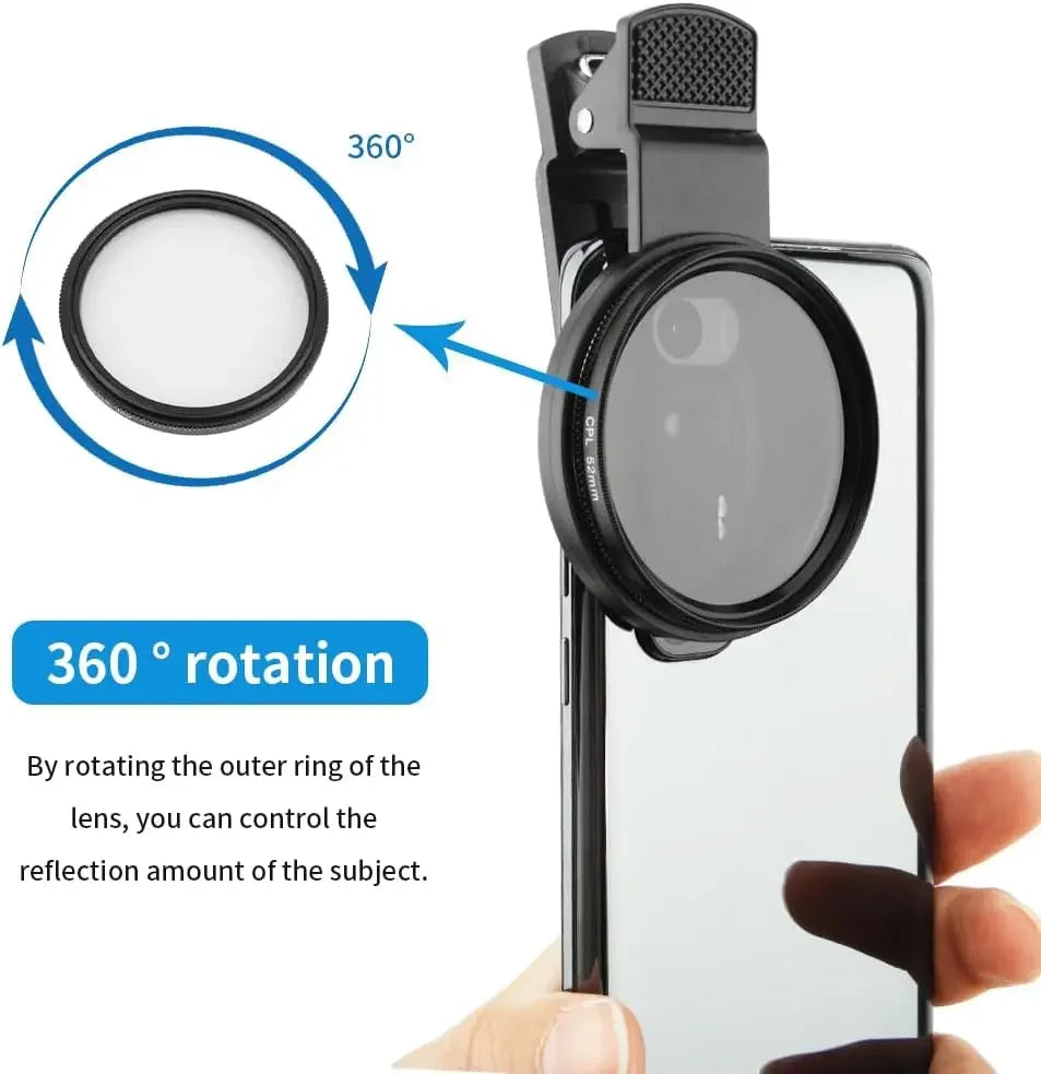 52MM Circular Universal Polarizer Camera Lens Clip Portable CPL Filter Kit Professional Phone Camera Lens For iPhone 16 15 14 13