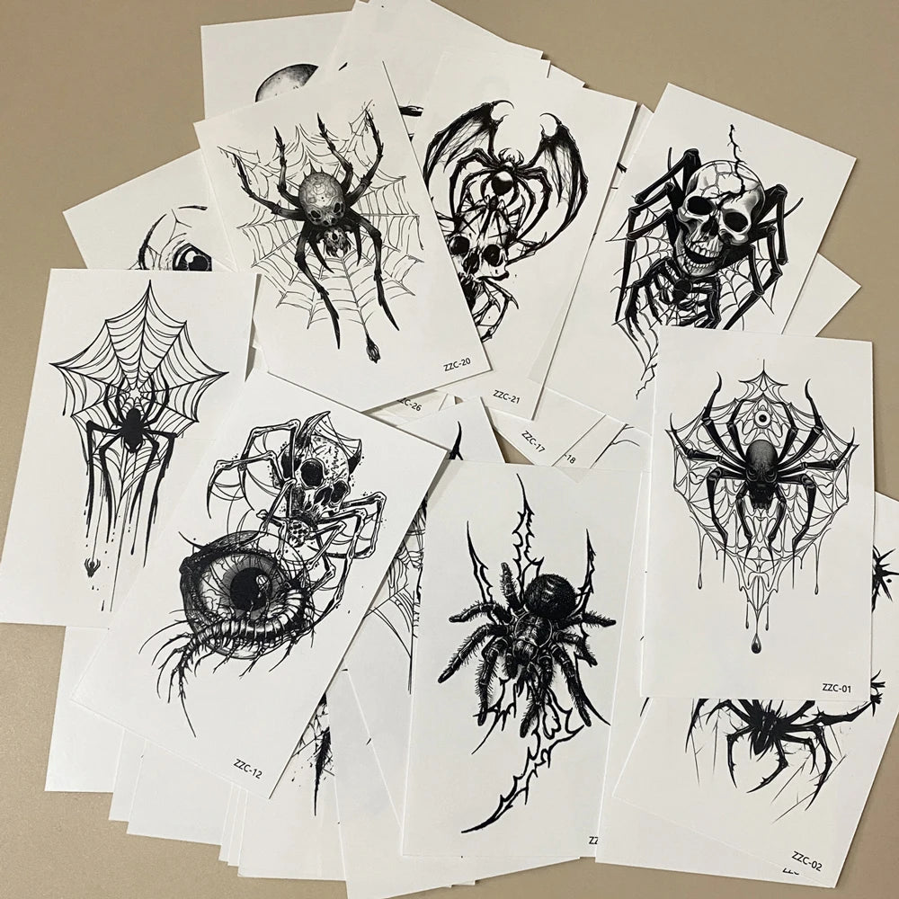 30pcs Waterproof Spider Tattoo Stickers Realistic Skull Temporary Tattoos for Halloween Party NecK Face Body Decor Fake Tattoo