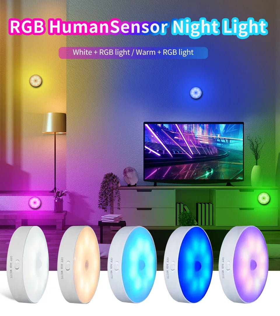 LED Night Light With Switch Smart Motion Sensor Magnetic Wireless Wall Lamp For Bed USB Rechargeable Warm White RGB Night Lamp