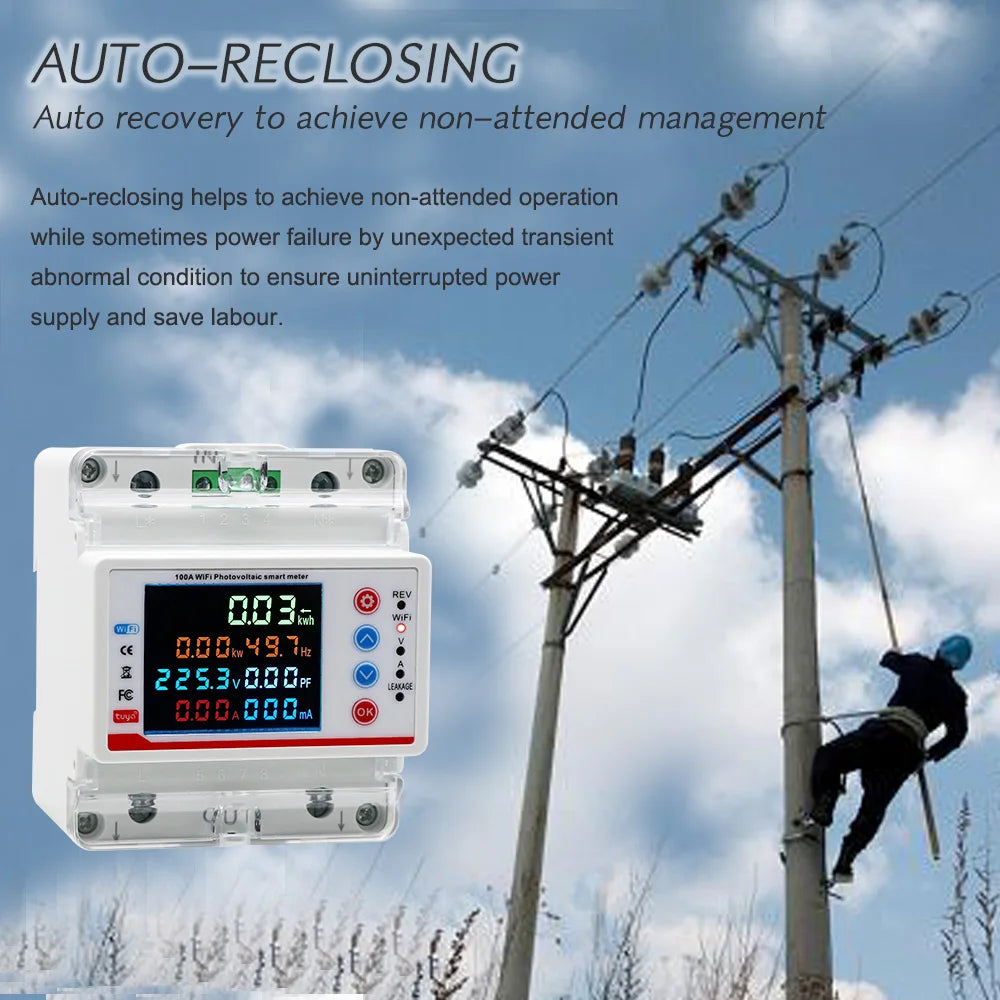 Tuya Smart Life  WiFi Single Phase 100A Energy monitor Two-way Prepaid Meter Auto-reclosing Voltage Current Protector Timer