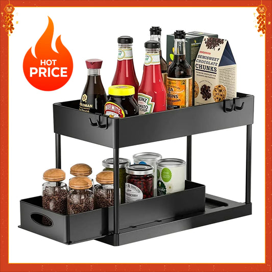 New 2 Tier Under Sink Organizer Sliding Cabinet Basket Organizer Storage Rack with Hooks Hanging Cup Bathroom Kitchen Organizer