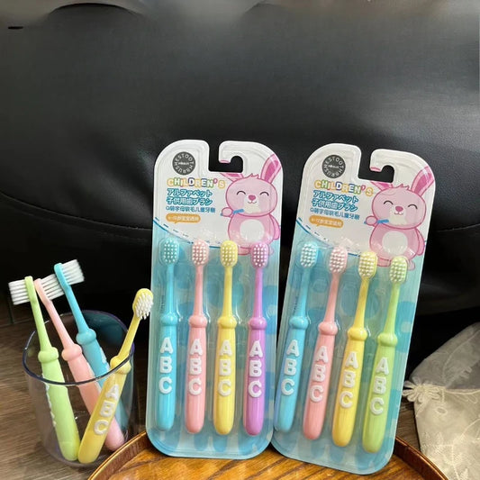 Soft Bristle Alphabet Kids Toothbrush 4 Pack Cartoon Design for 3-6-12 Years Old Children Gentle Cleaning Cute Baby Toothbrush
