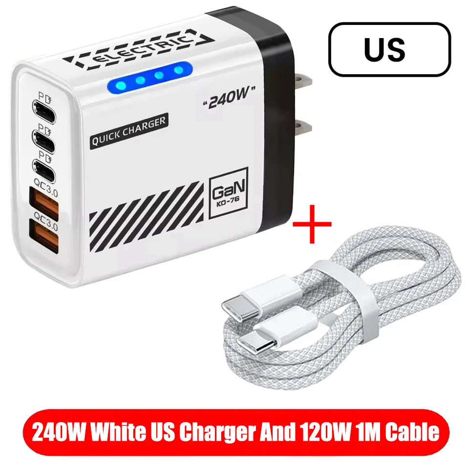 5 IN 1 GaN Desktop Charger For IPhone17 16Pro Laptop Samsung 240W Fast Charging Adapter USB C To Type-C Cable 3PD 2USB Charger