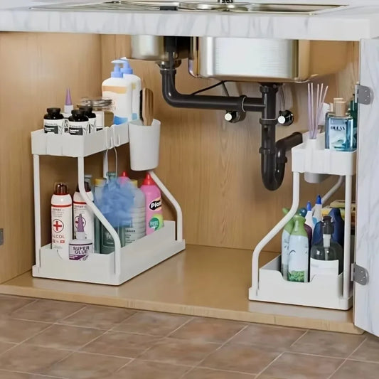 2 Tier Slide Out Under Sink Organizer with Hooks Large Capacity Space Saving Storage Rack for Kitchen Bathroom Cabinet Durable