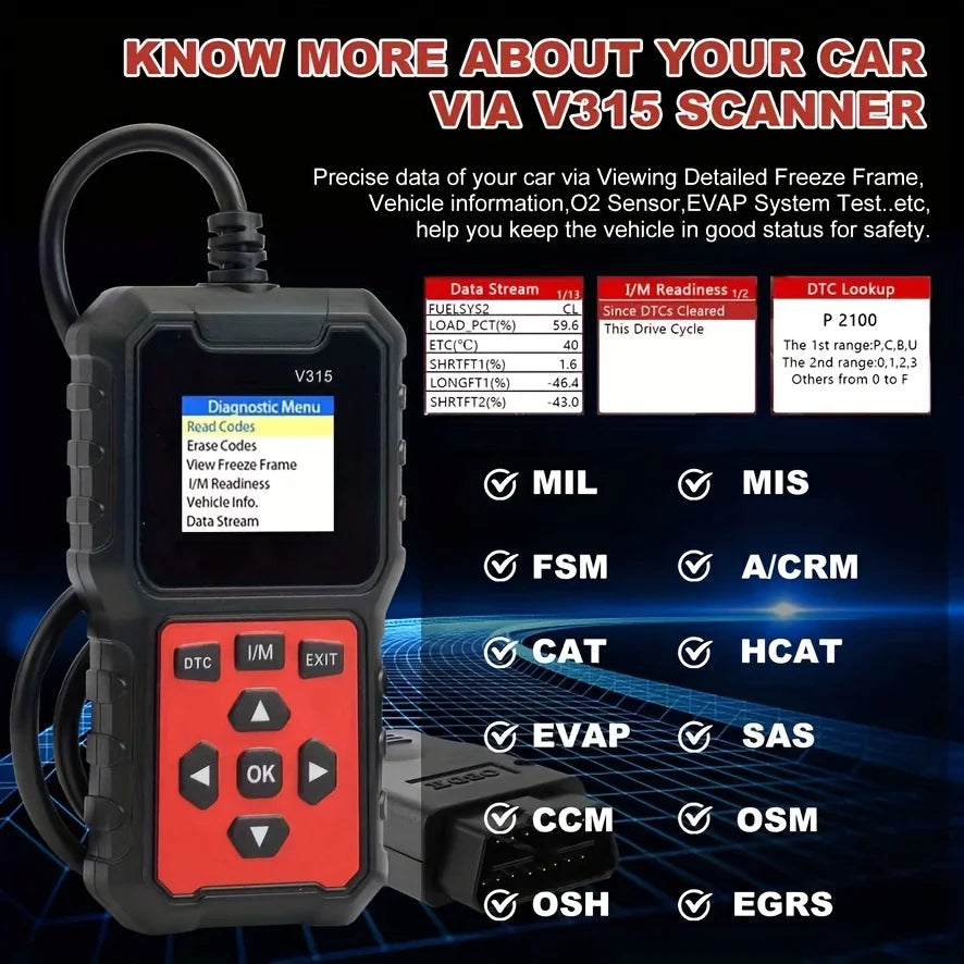 Car Diagnostic Scanner [V315] - 10-Second Fault Code Reader, Suitable for 99% of Vehicles (Obd2/Eobd Compatible), Suitable for DIY and Professional Mechanics.