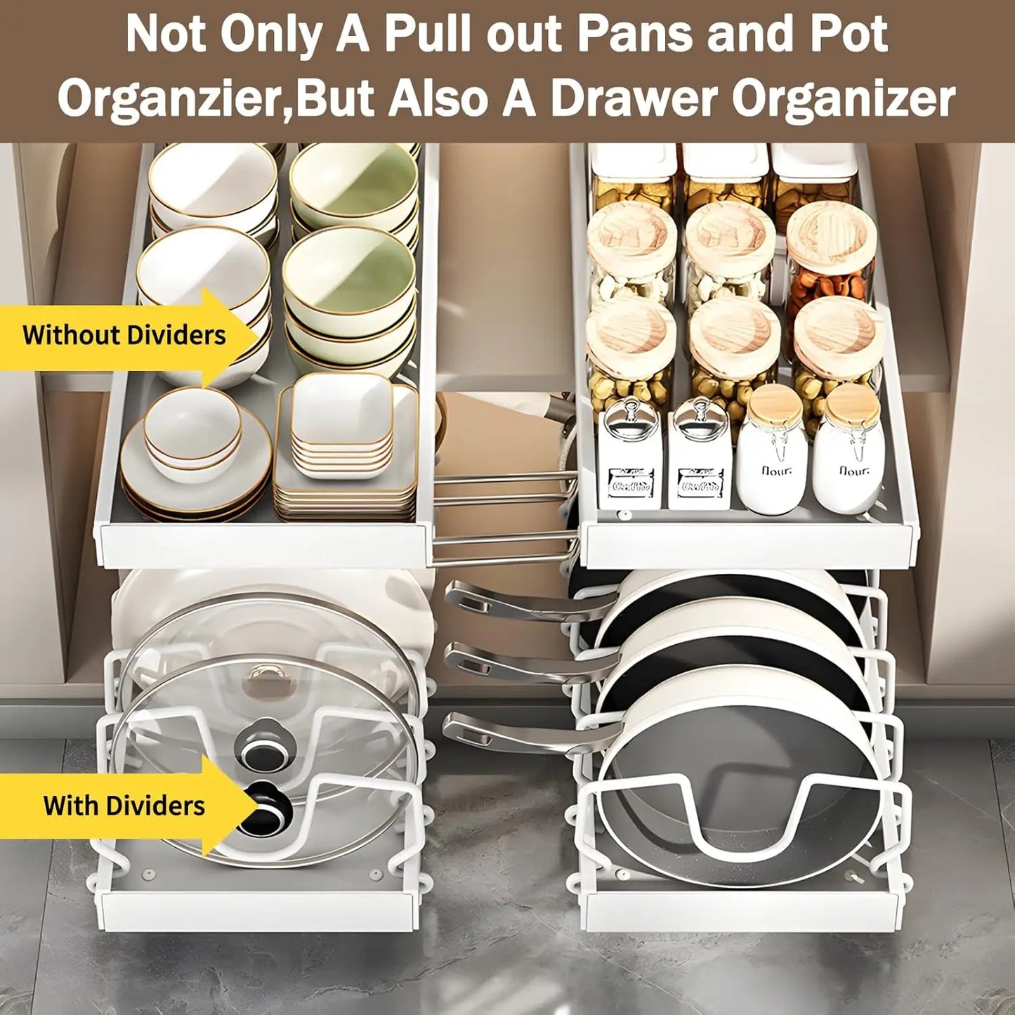 Pull Out Pots Pans Organizer for Under Cabinet Pull Out Cabinet Organizer Storage Pot Lid Organizer holder Adjustable Dividers