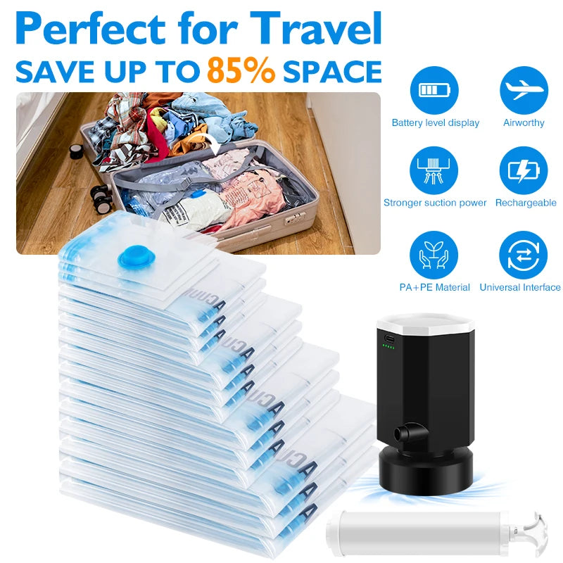 Vacuum Storage Bags 8-18Pc Space Saver Bag Travel Rechargable Air Pump Various Seal Bag Pump for Compress Clothe Blanket Luggage