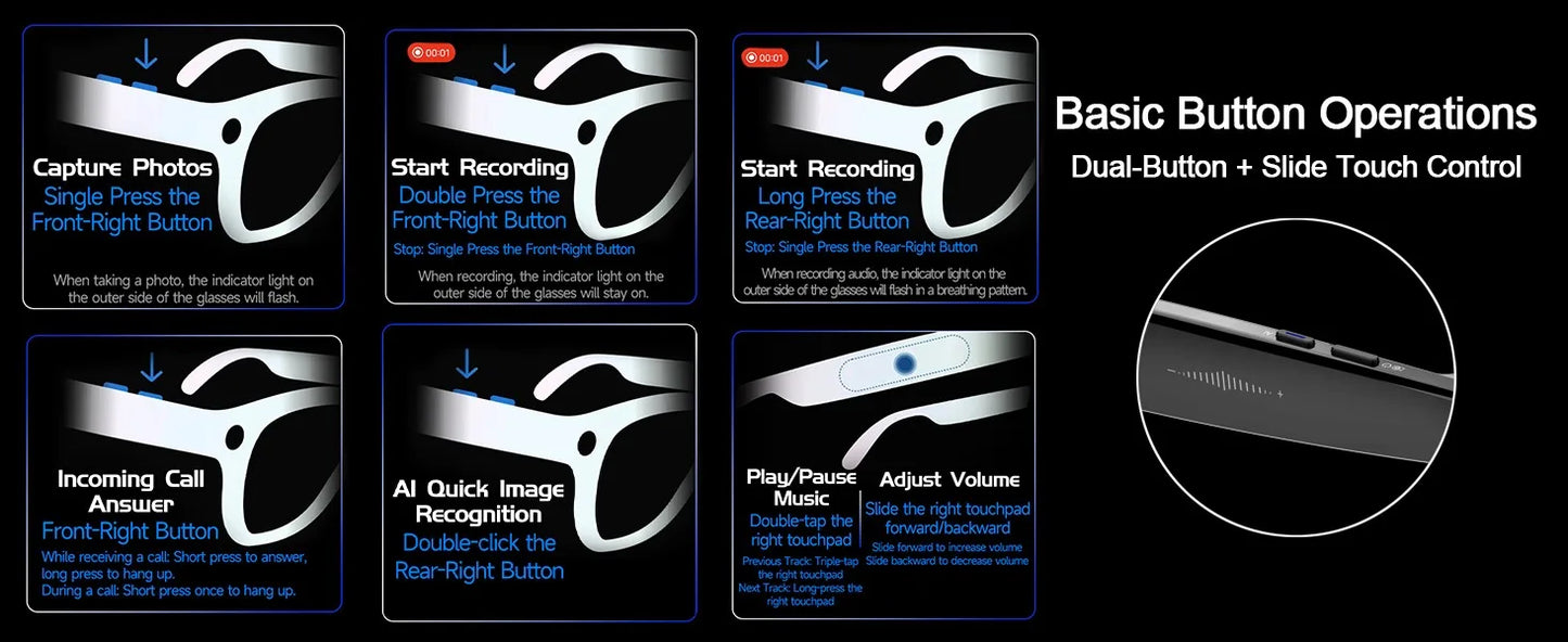 2026 New Smart Glasses 800W Ultra-Wide HD 4K Camera Video Recording 4GB AI Photo Recognition Bluetooth Call Translation Voice