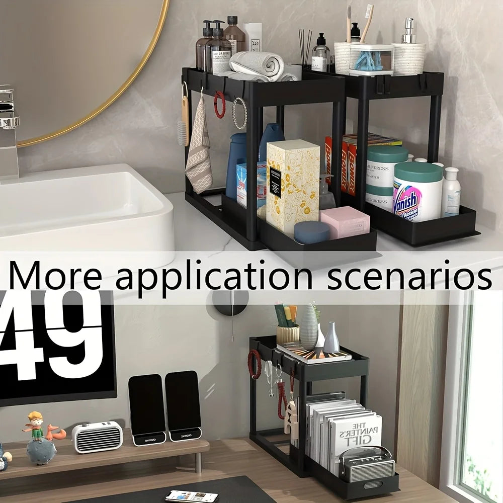 2-Tier Sliding Under Sink Organizer Multifunctional Space-Saving Bathroom Cabinet Storage Drawer