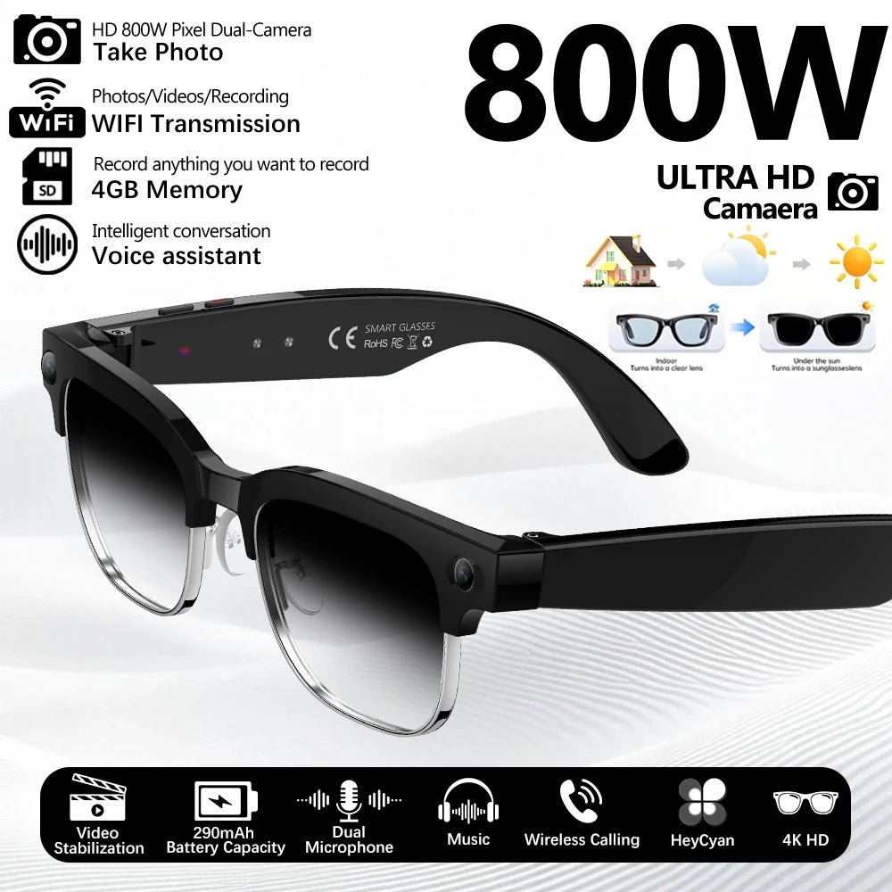 2026 New Smart Glasses 800W Ultra-Wide HD 4K Camera Video Recording 4GB AI Photo Recognition Bluetooth Call Translation Voice
