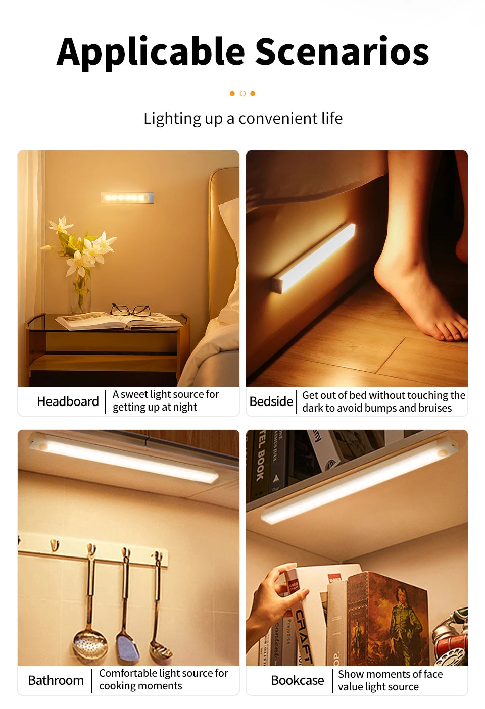 Motion Sensor Light Wireless Rechargeable LED Night Light Closet Cabinet Wardrobe Lamp Kitchen Staircase Backlight 10/20/30/50cm