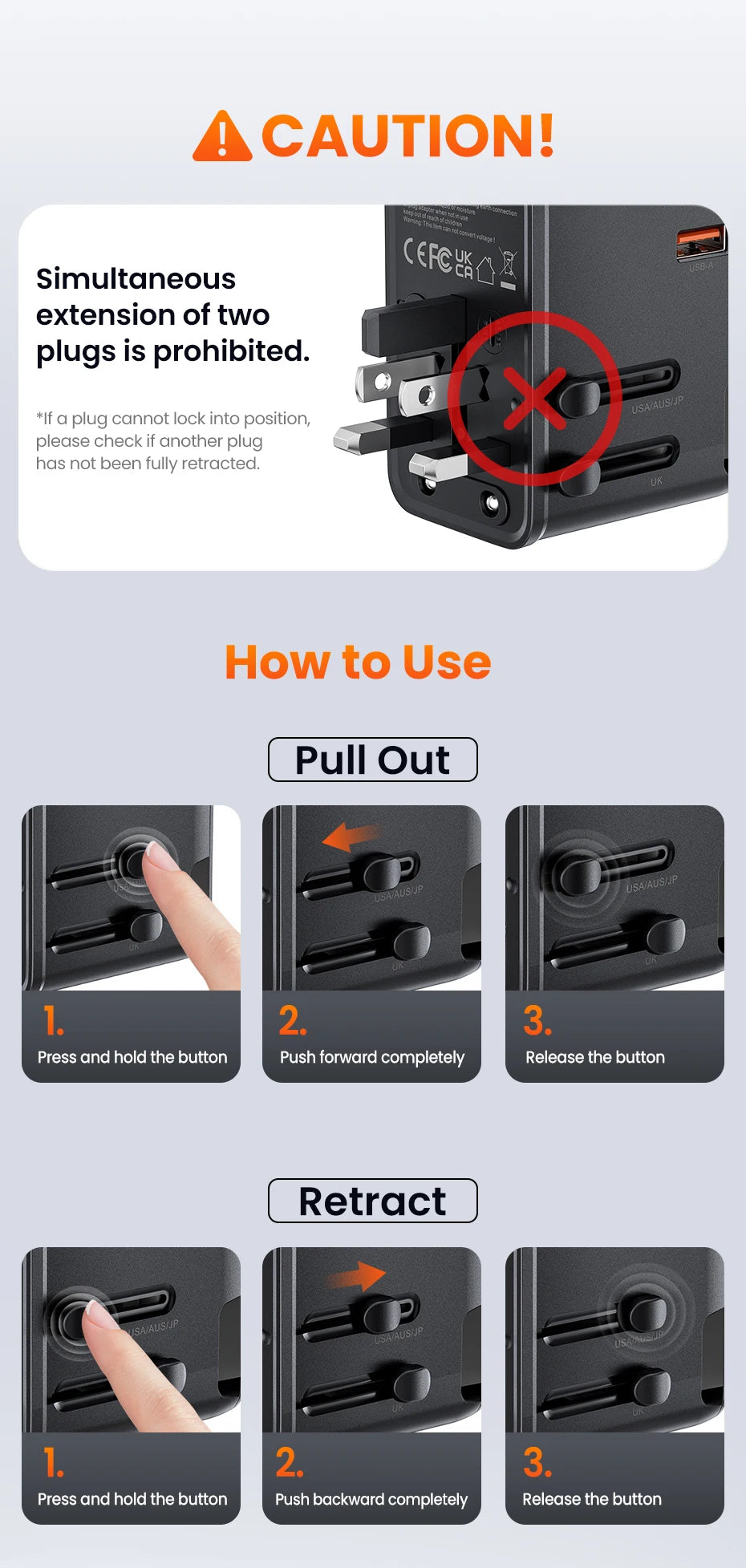 Toocki GaN Universal Travel Adapter With 3C1A 45W Fast Charging 2500W Max All-in-one Travel Charger EU/UK/USA/AUS Plug For Trave