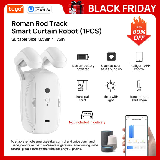 Tuya Smart Curtain Robot ( Roman Rod Track) Bluetooth APP Short Range Control, Timed switch, Pull-to-start, 8KG load capacity