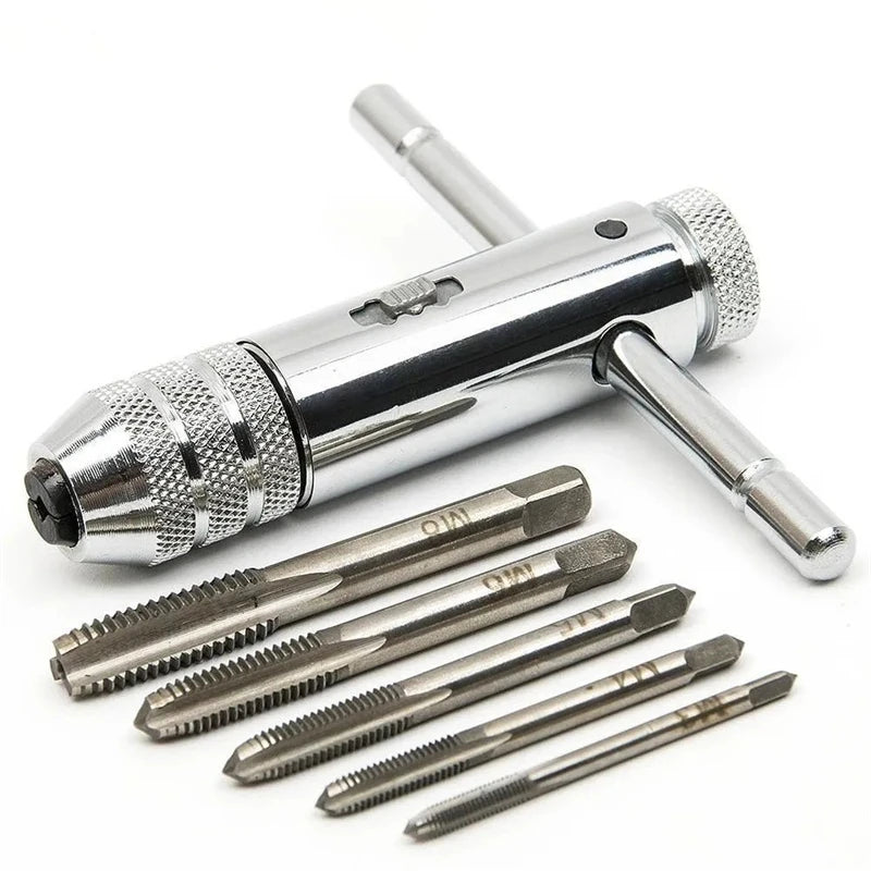Ratchet Wrench Adjustable T-Handle Holder Tap with  M3-M8 Machine Screw Thread Metric Plug T-shaped Drill Set Workshop Hand Tool