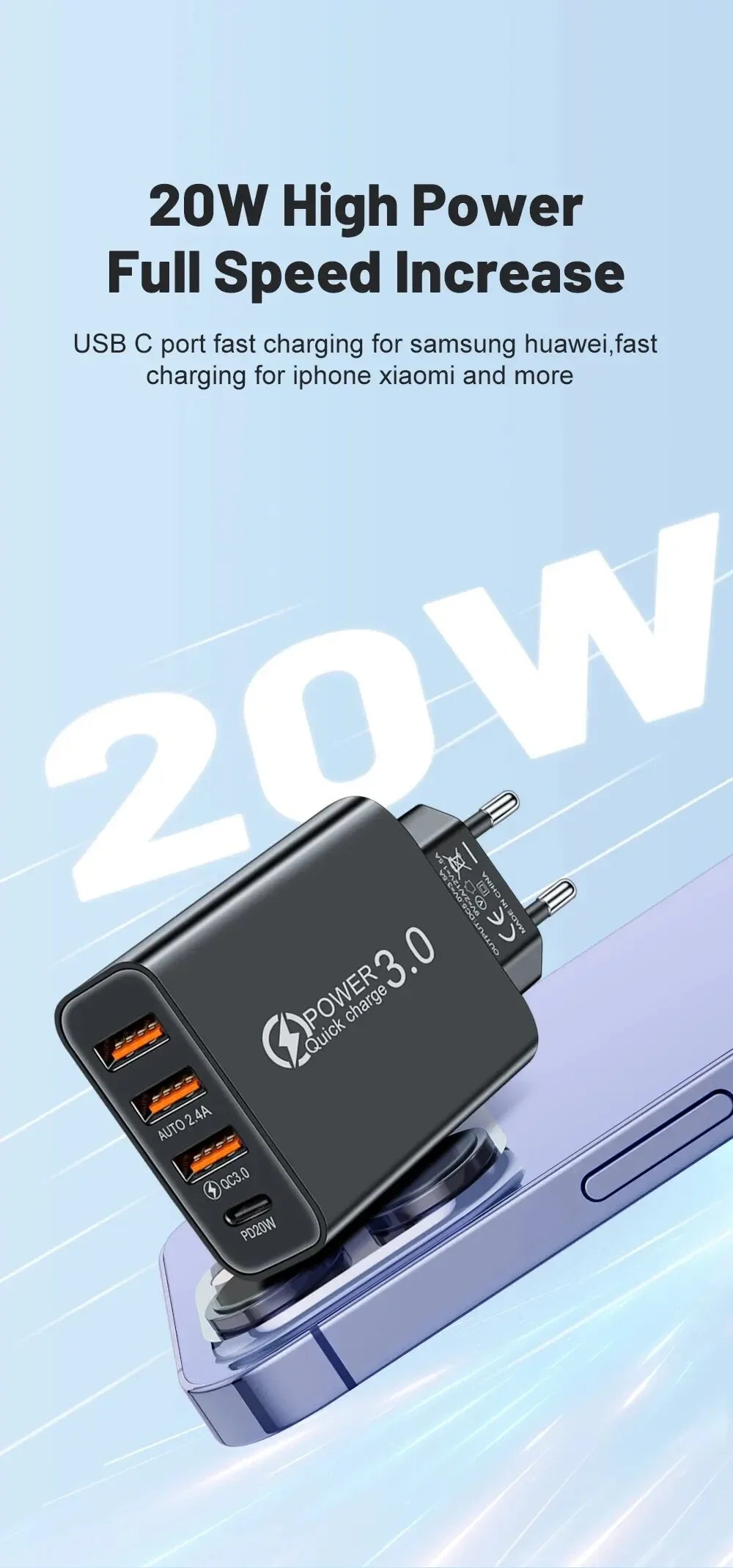 شاحن USB-C متعدد المنافذ بقدرة 60 واط، مزود بـ 4 منافذ، منها 3 منافذ USB PD، يدعم الشحن السريع، وشاحن جداري عالمي للسفر.