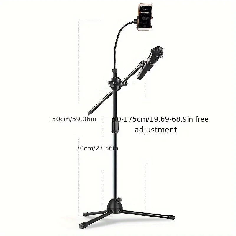Tripod Boom Microphone Stand With Mic Clip Cell Phone And Microphone Not Included Collapsible And Lightweight,  Arms Adjustable