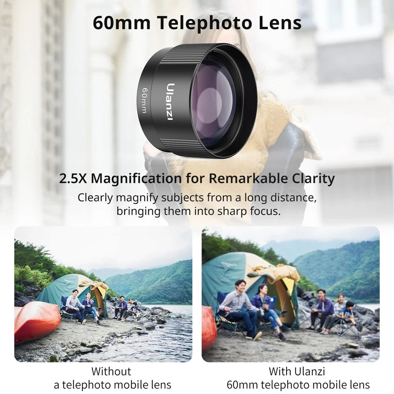 Ulanzi Universal Mobile Lens 75mm Macro/8mm Fisheye/16mm Wide-Angle/60mm Telephoto Phone Lens for Photography Videography