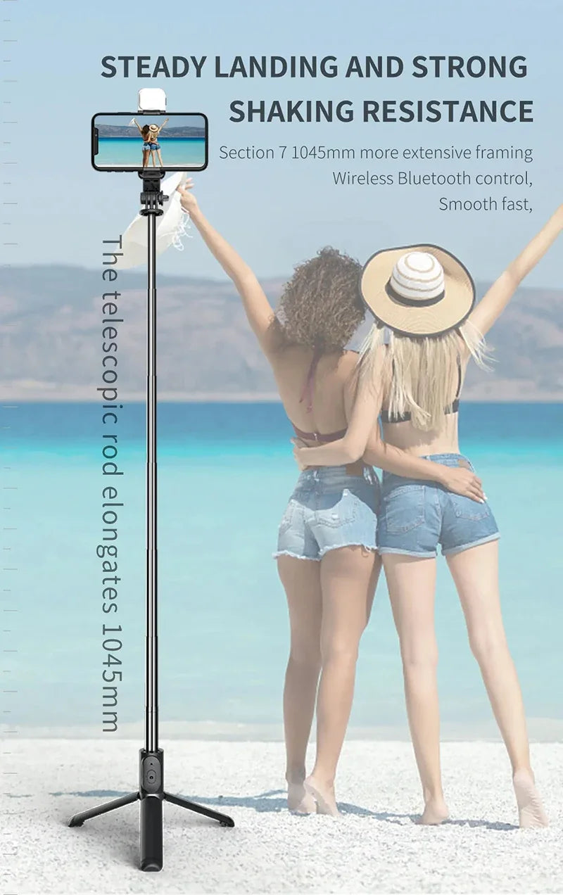 New Selfie Stick 1045mm Wireless Bluetooth Remote Shutter LED Fill Light Extended Stable tripod for Android IOS Cellphone