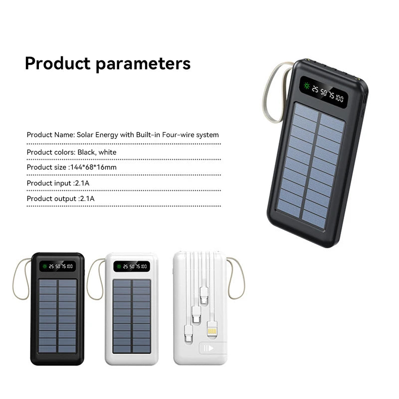بنك طاقة شمسي بسعة 50000 مللي أمبير، بطارية شحن سريع، كابلان USB 4، شاشة عرض رقمية LED، متوافق مع أجهزة iPhone