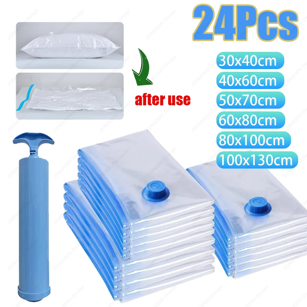 1-24Pcs Reusable Vacuum Storage Bags Vacuum Seal Bag Folding Compressed Organizer Bag Space Saving Bags For Clothes Bedding