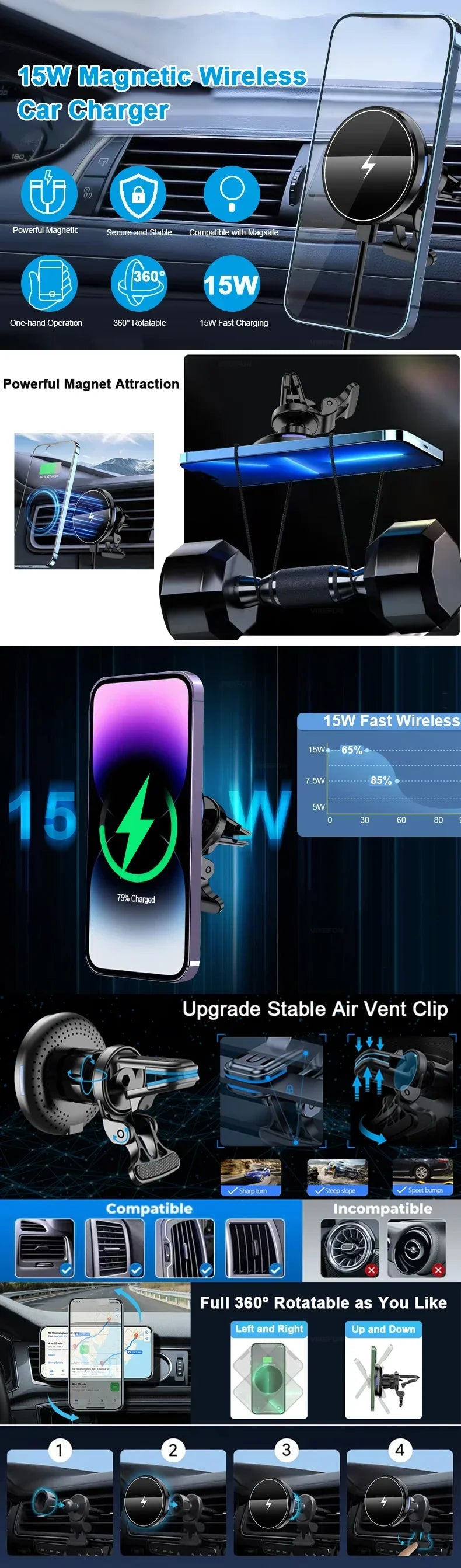 حامل شحن لاسلكي مغناطيسي للسيارة لأجهزة iPhone 12 و13 و14 و15 Pro Max، حامل هاتف صغير للسيارة يُثبّت على فتحة التهوية، محطة شحن سريع