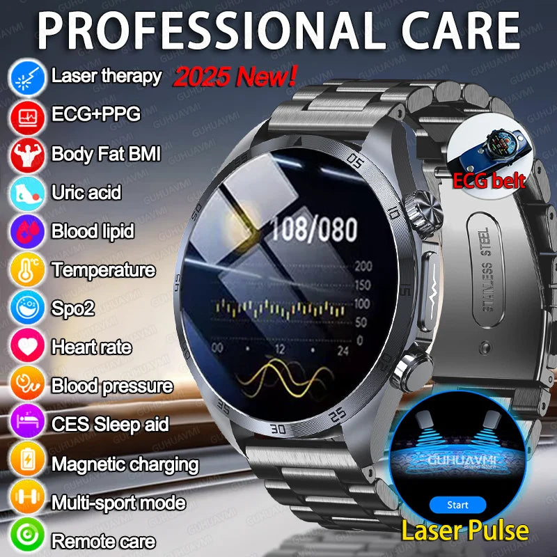 2025 Laser Pulse Uric Acid Blood Fat Nursing Smart Watch Men Body Fat Blood pressure ECG+PPG Sleep aid Treatment Health Watch