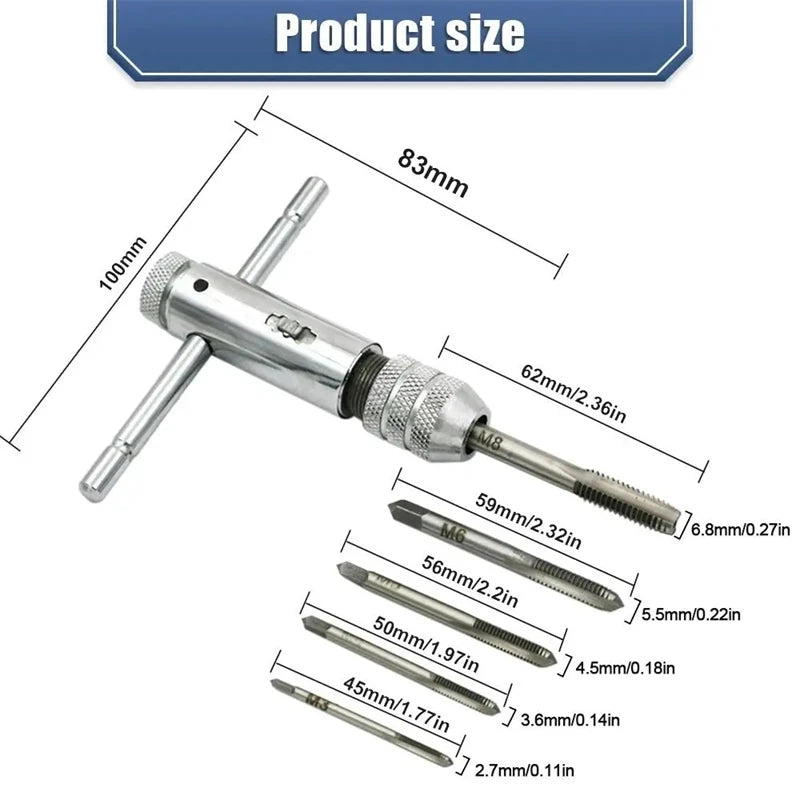 Ratchet Wrench Adjustable T-Handle Holder Tap with  M3-M8 Machine Screw Thread Metric Plug T-shaped Drill Set Workshop Hand Tool