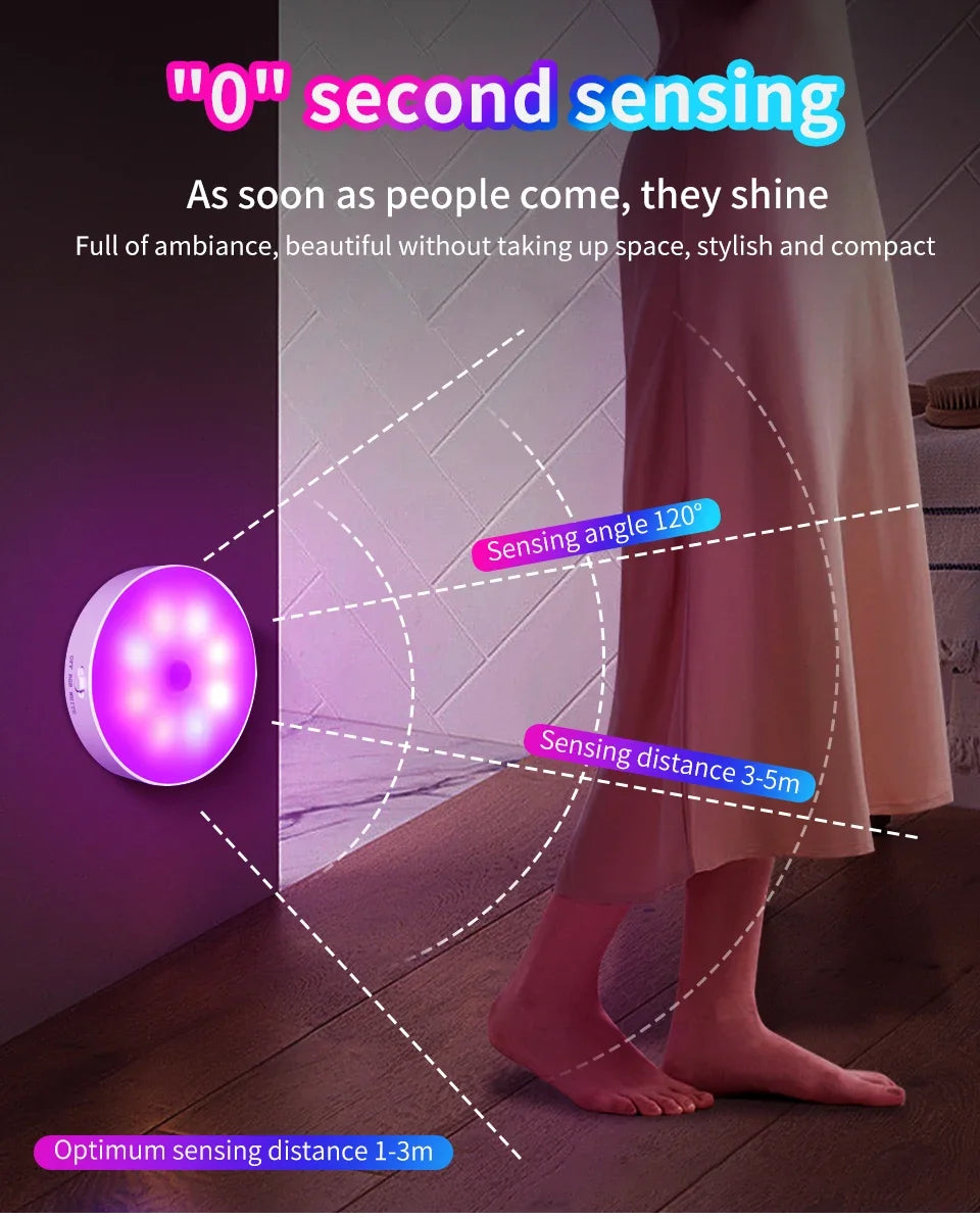 LED Night Light With Switch Smart Motion Sensor Magnetic Wireless Wall Lamp For Bed USB Rechargeable Warm White RGB Night Lamp