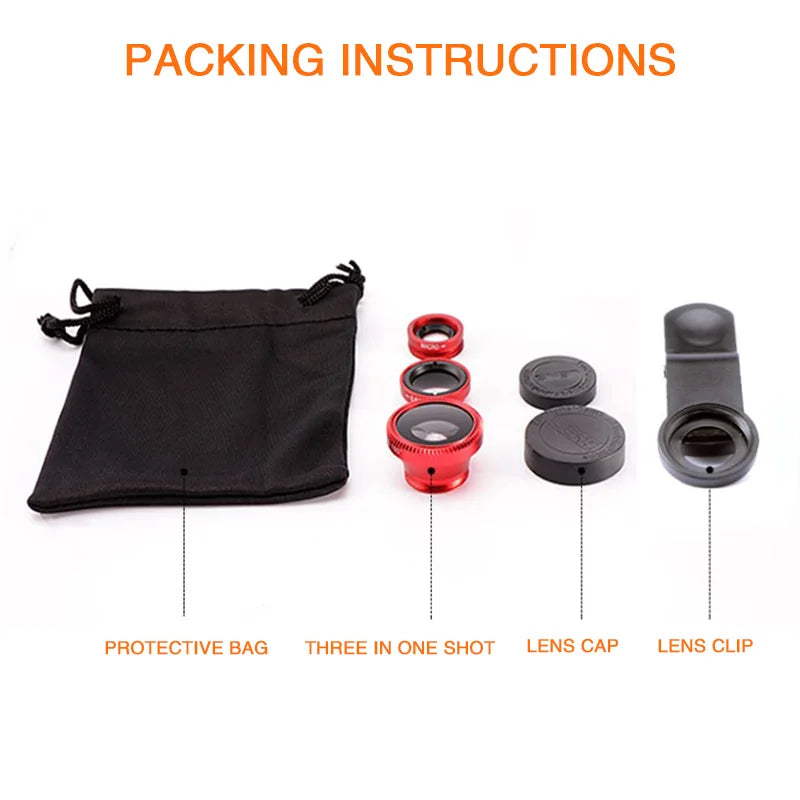 3in1 Fisheye Lens Wide Angle Micro Camera Lens for iPhone 14 13 3IN1 Zoom Fish Eye Len for Smartphone Lenses with Phone Clip