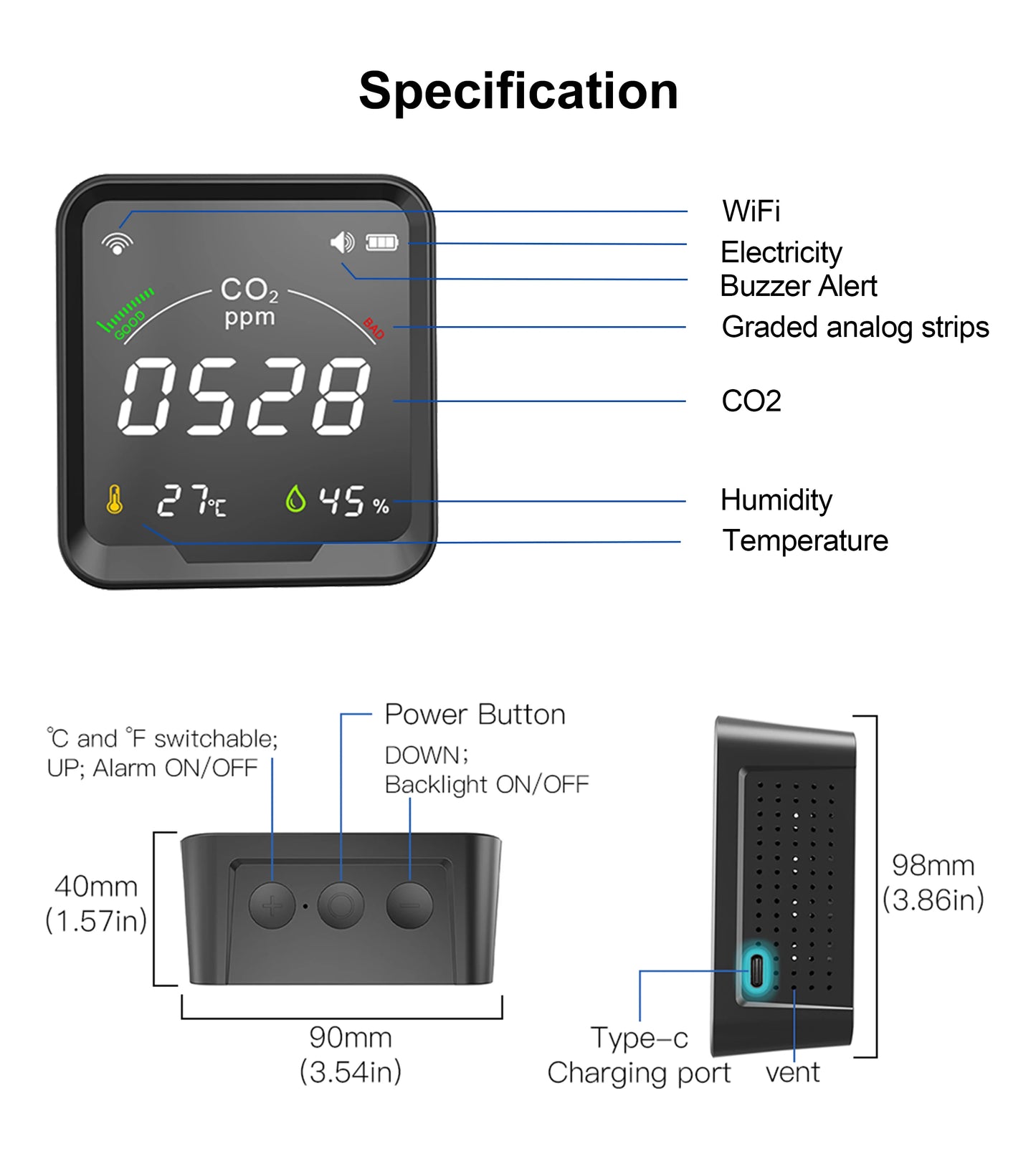 GIRIER Tuya Smart WiFi CO2 Sensor Smart Carbon Dioxide Meter Temperature Humidity Detector Monitor with LCD Screen 3 in 1 Meter
