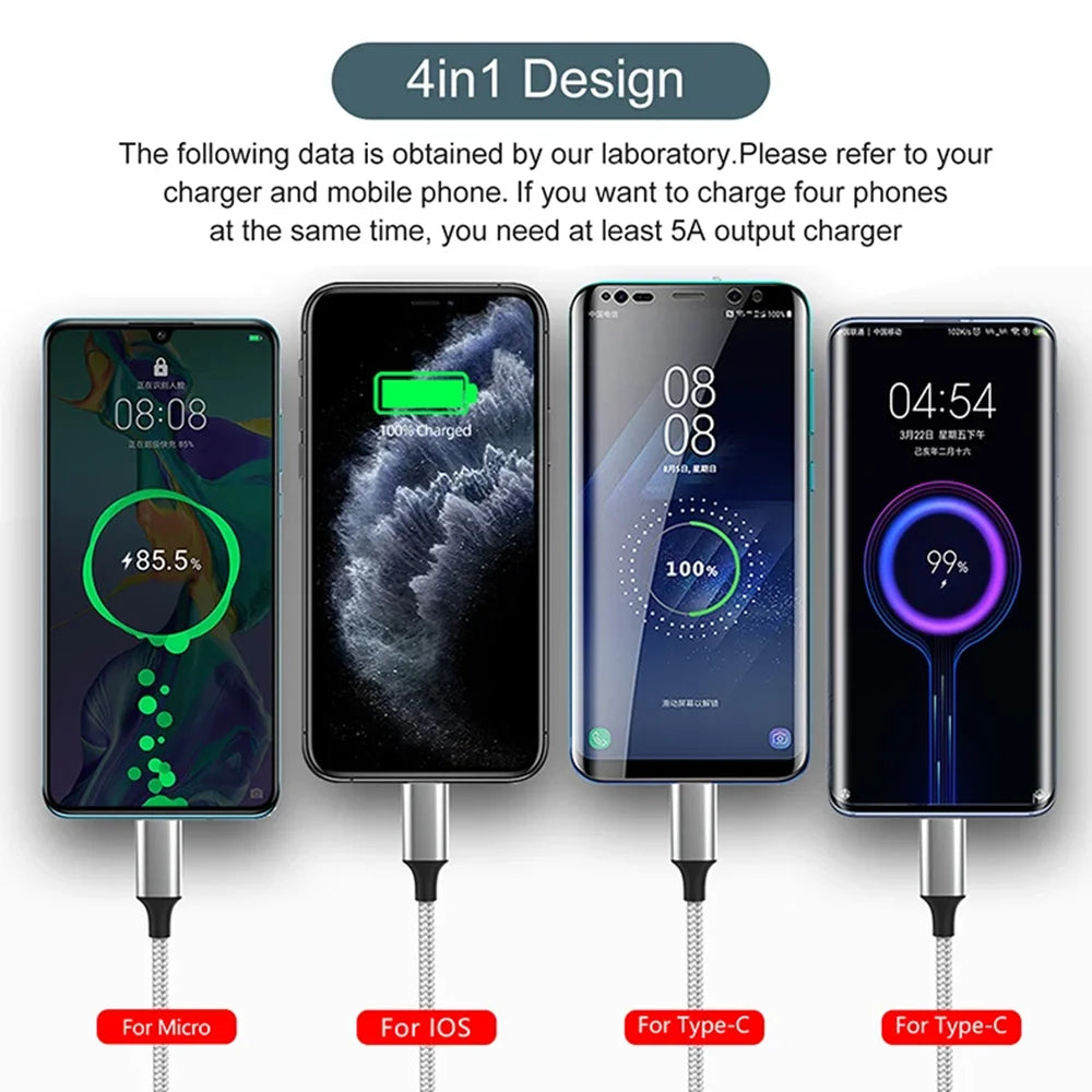 Многофункциональный USB-кабель для зарядки (3А) USB-кабель 4 в 1, адаптер для быстрой зарядки iPhone, Android-смартфонов, планшетов и других устройств.
