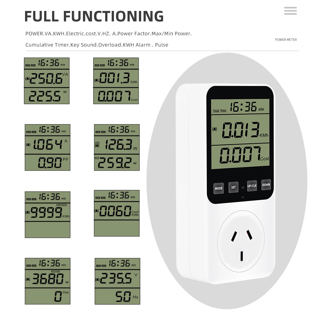 Digital LCD Wattmeter 230V Power Energy Meter Voltmeter Ammeter Consumption Monitor 50Hz Socket Analyzer EU US UK AU FR BR Plug
