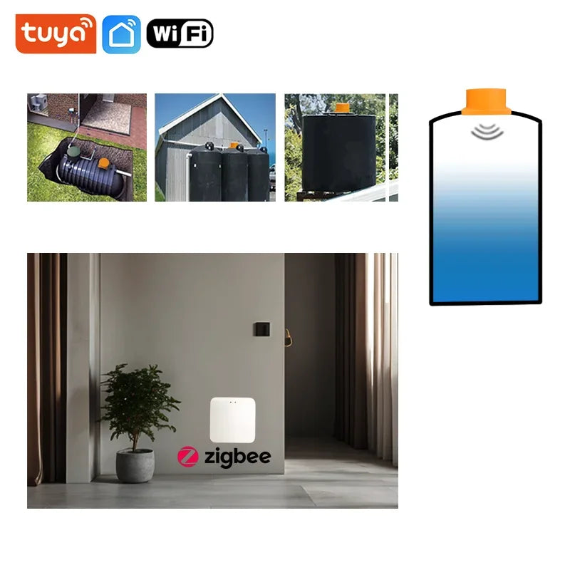 Tuya SmartZigbee Ultrasonic Liquid Level Water Tank Monitor Sensor with Real-time Alarm Notification IOS Android APP Control